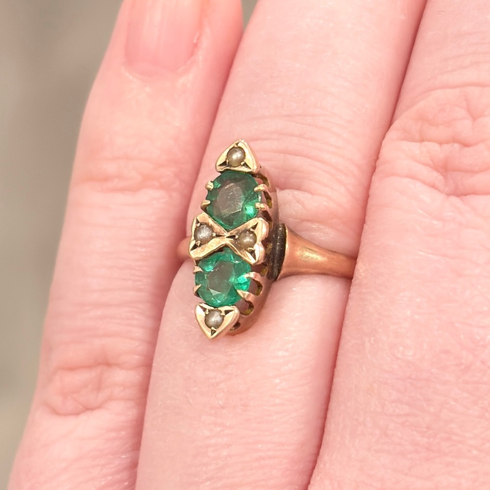 Antique Edwardian 10K Green Ring, Size 5.5, Rose Gold, Navette - Picture 12 of 17